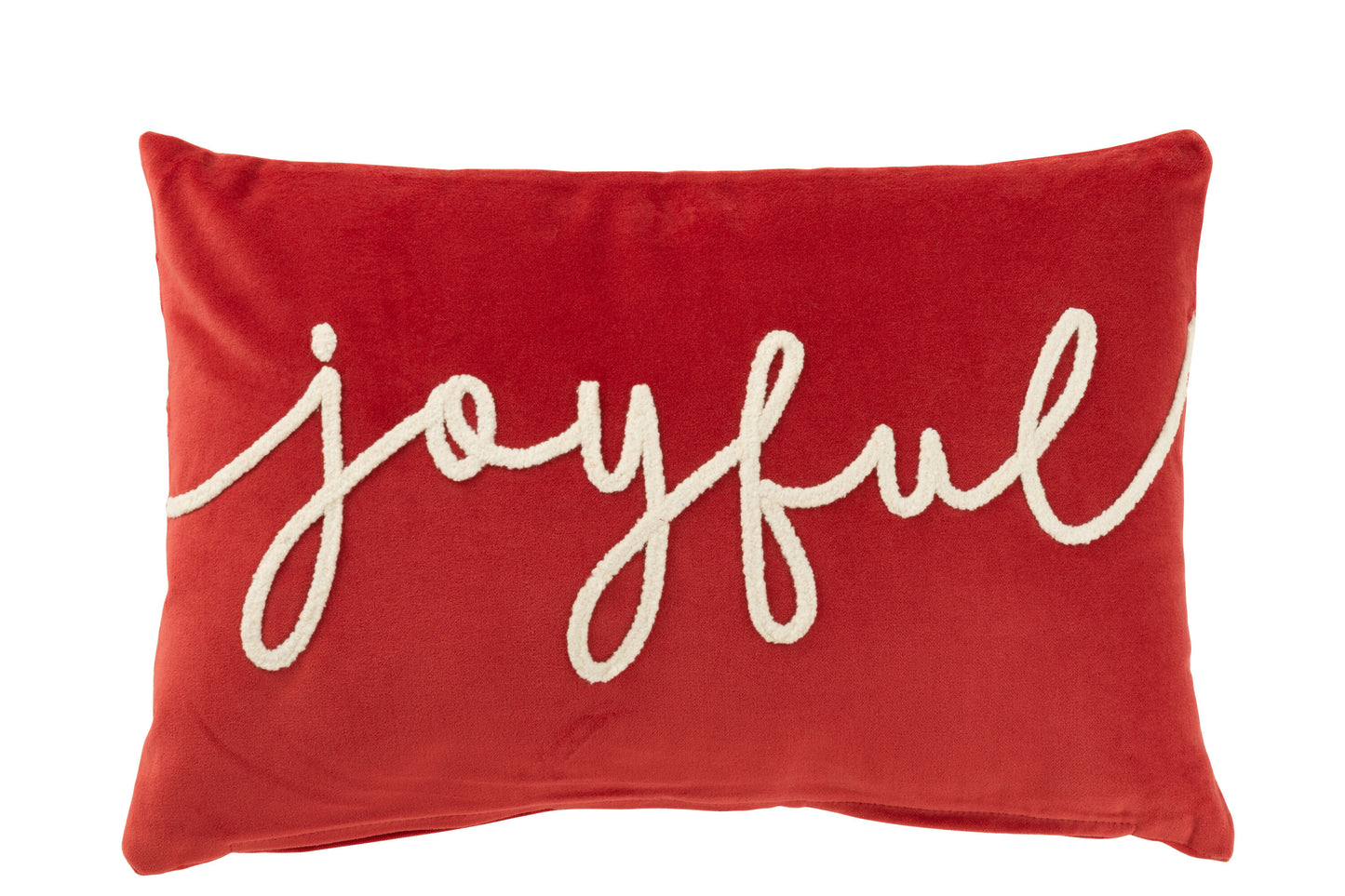 Rood kussen met opschrift Joyful