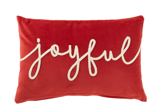 Rood kussen met opschrift Joyful