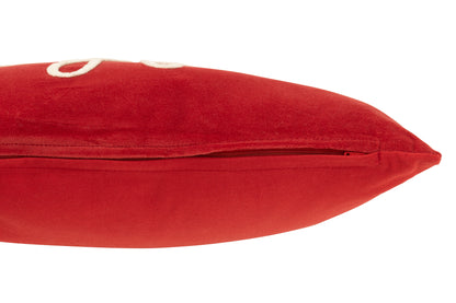 Rood kussen met opschrift Joyful