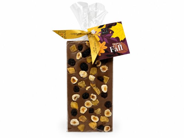 Melkchocolade met appel, rozijn en hazelnoot